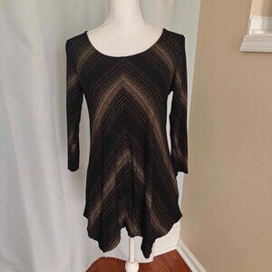SOMA Womens Tunic S Black Metallic Asymmetric 3/4 Sleeve soft chevron gold